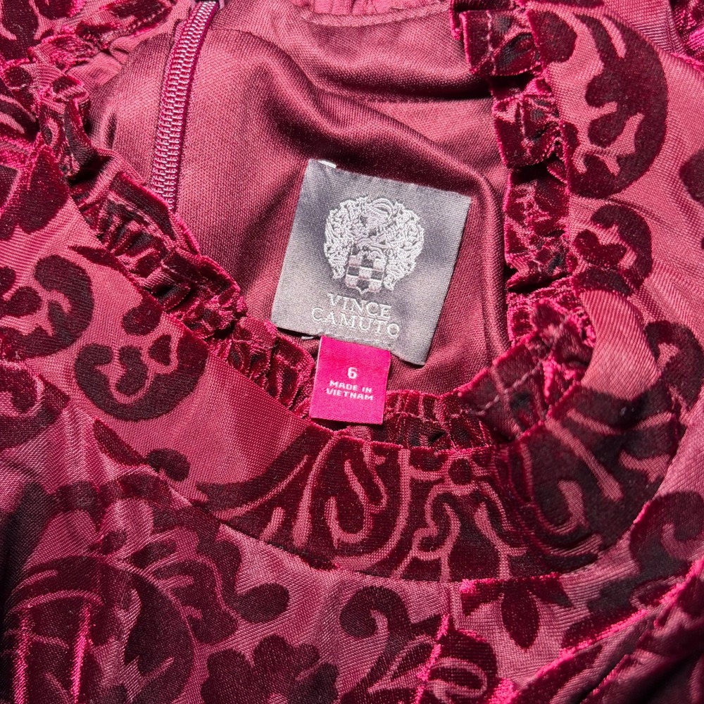 Vince Camuto Dress Womens 6 Burgundy Burnout Velvet Damask Mock Neck Mini Shift - Picture 6 of 6